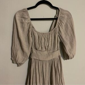 Flowy Cottagecore Style Beige Women's Linen Dress with Tie Back